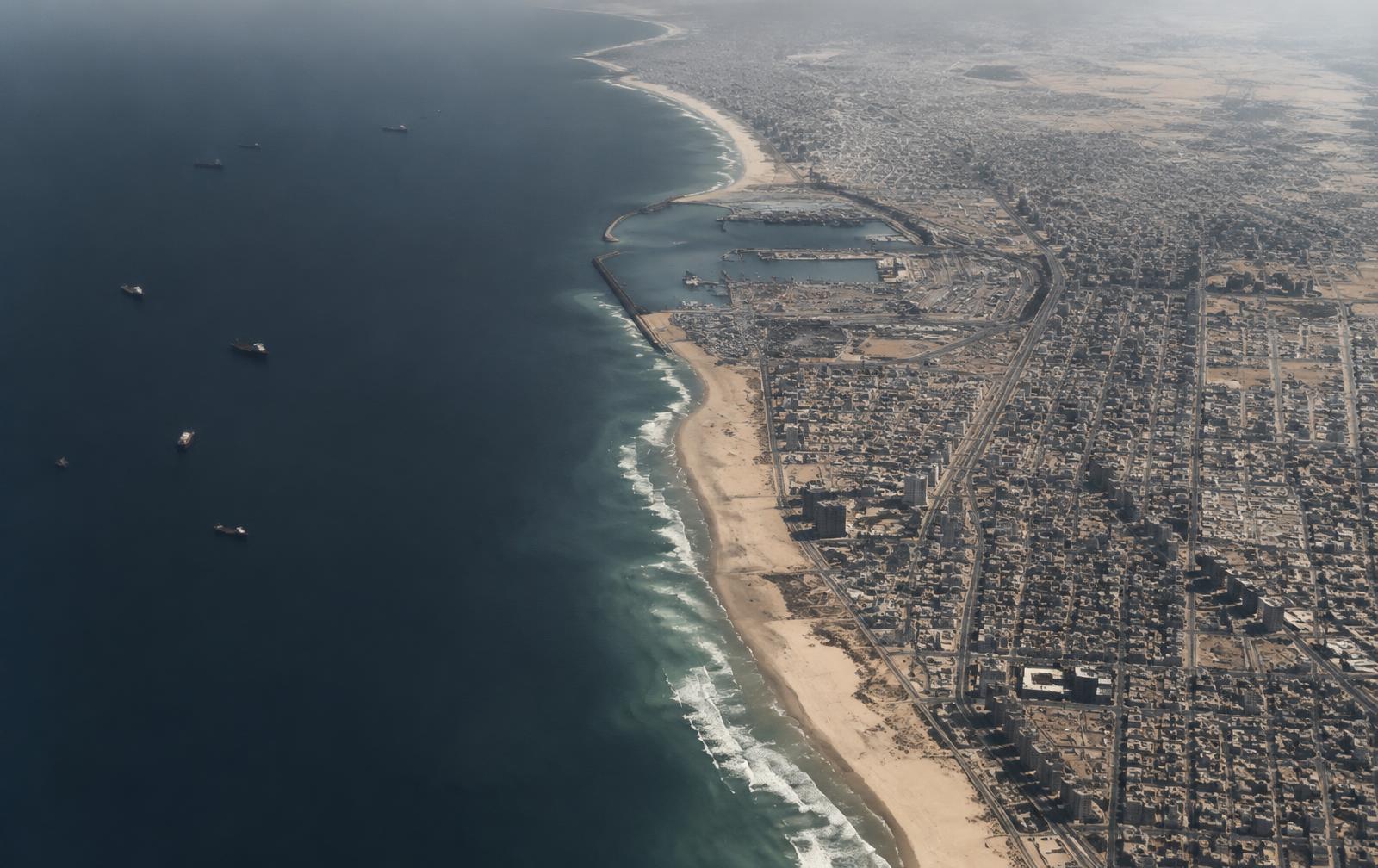 Aerial view of a coastal city grid