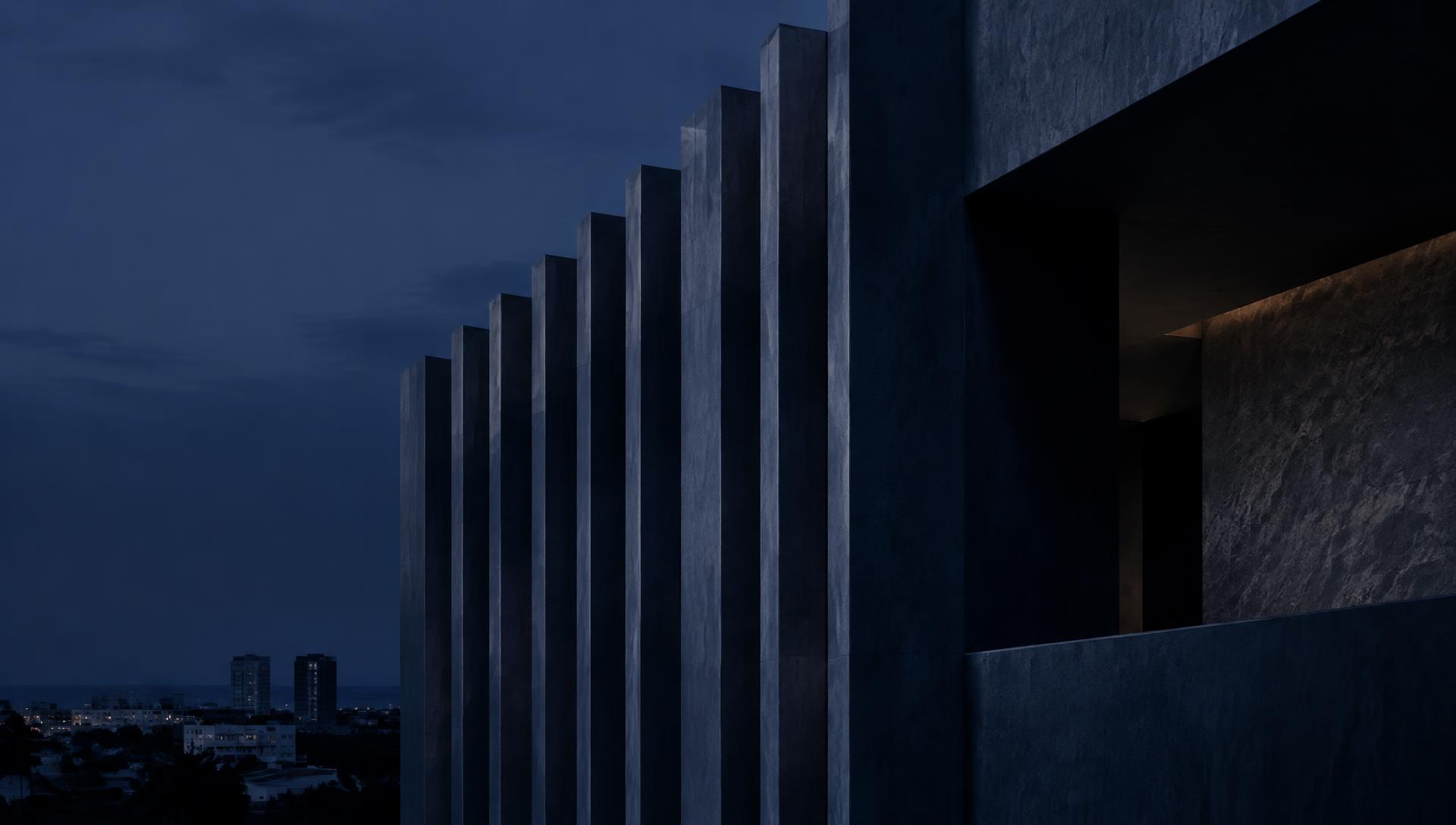 Contemporary concrete facade at dusk
